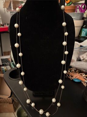 Double Strand Faux White Pearl Station Necklace on Gold Chain